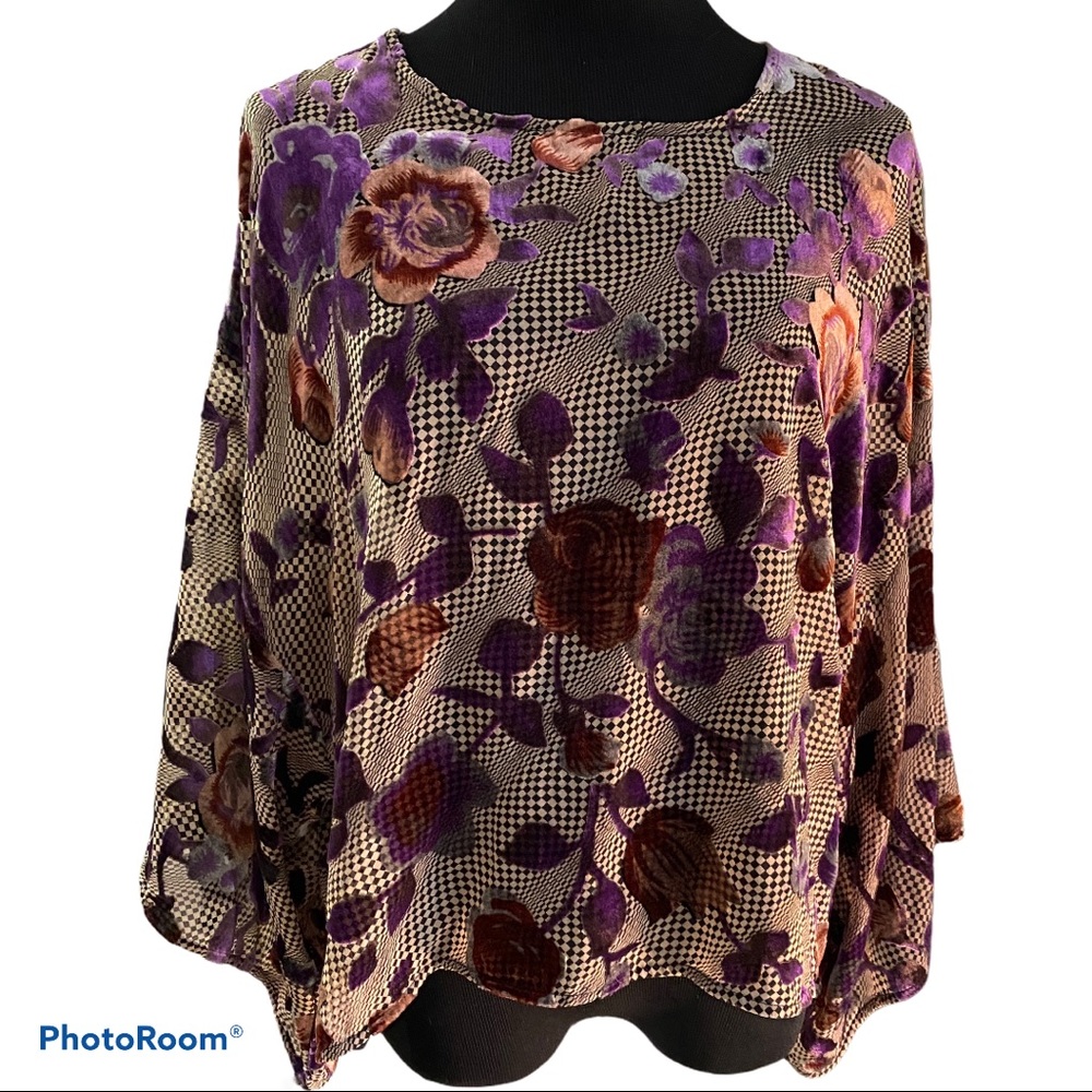 Line&Dot kimono sleeve check floral burnout top L